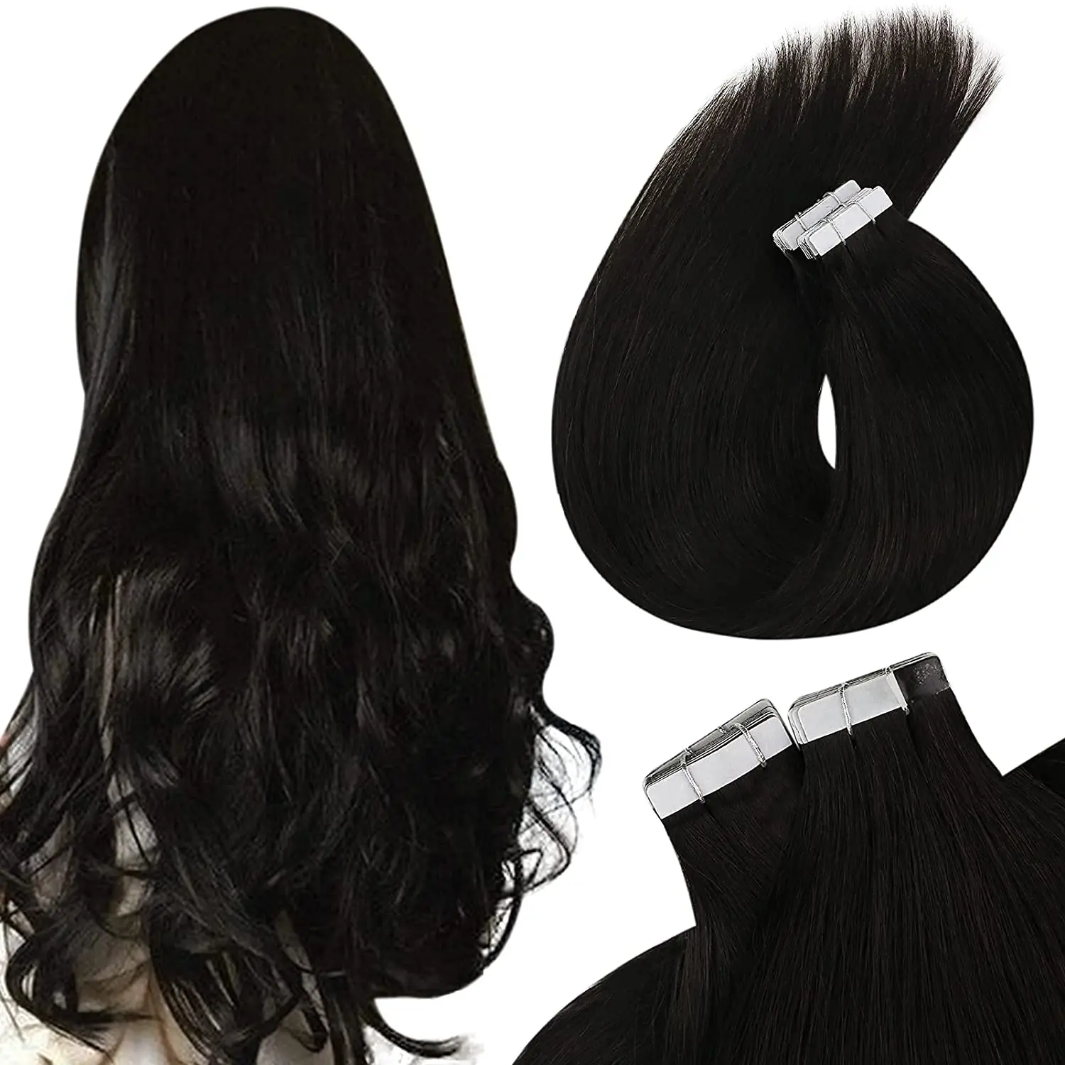 Full Shine Natural Black #1b 100% Human Hair Double Drawn Tape in Hair Extensions