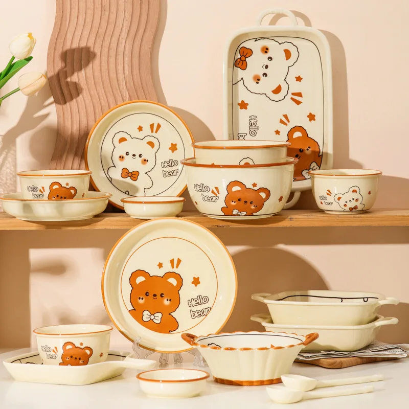 INS Style Good-looking Cartoon Cute Bear Household Ceramic Bowl Set