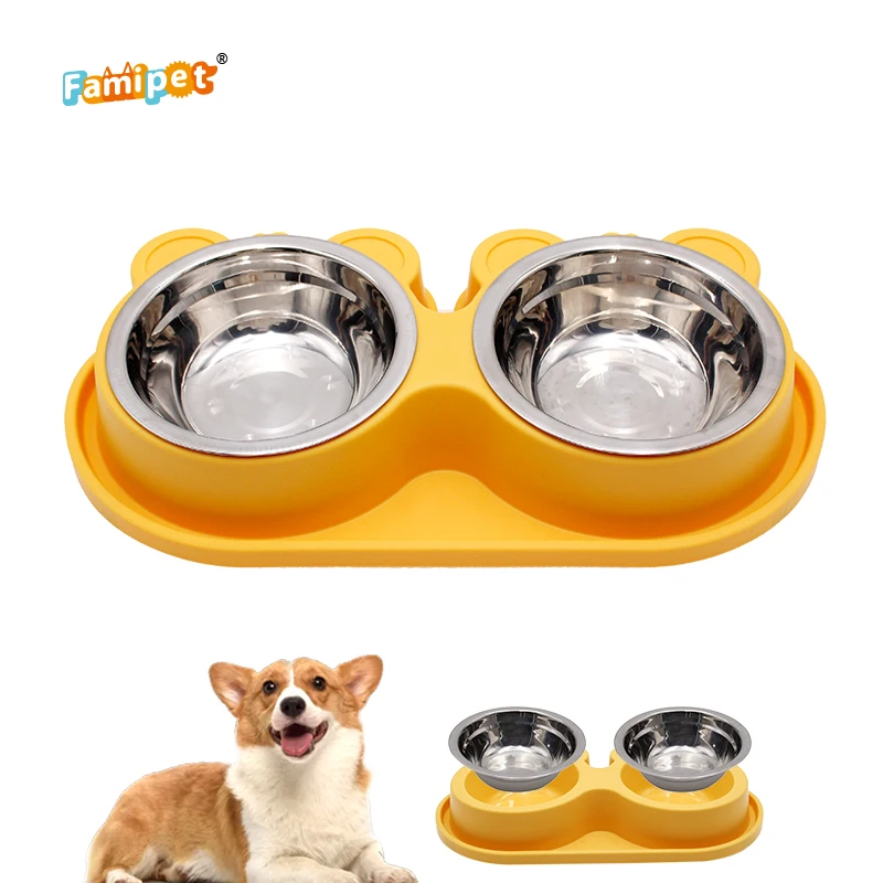 Famipet Custom Non-slip Stainless Steel Pet Dog Feeder Dog Food Bowl with Double Bowls