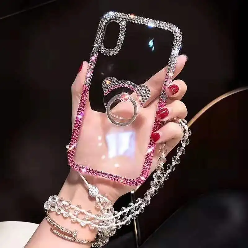 Luxury Diamond Clear Mobile Phone Case Cover With Ring Stand and Neck Strap For Iphone 11 12 13 Pro Max Case