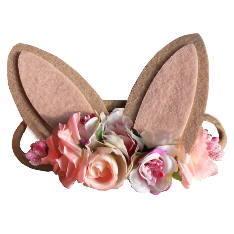 Felt rabbit ear photography nylon baby headband bunny ear flower Hairband kids hair tie