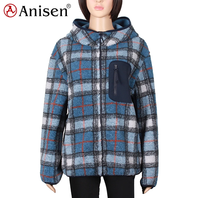 Low moq women sherpa fleece plaid jacket zip up custom logo winter women jacket with hood
