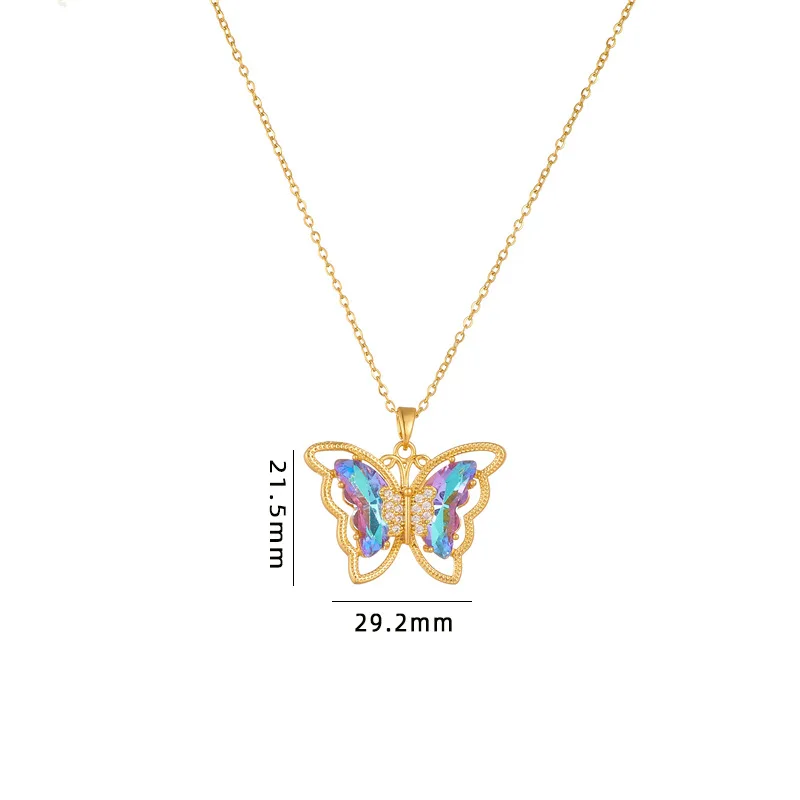 Fashion Brass Gold Plated Colorful Crystal Butterfly Shape Charm Pendant Necklace Jewelry For Women Girls