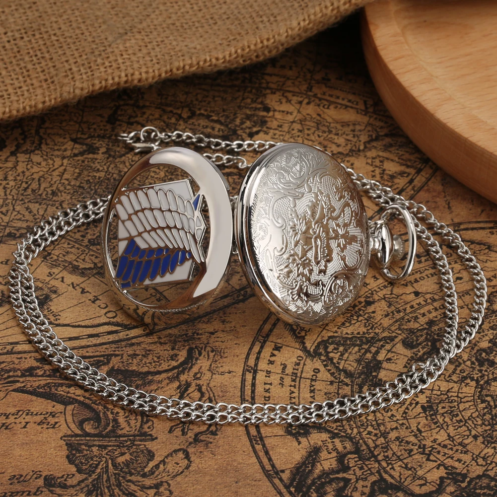 Retro Anime Hollow Pocket Watch Creative Wing Sliver Necklace Chain M,en Quartz Clock Attack On Titan Pocket Watch