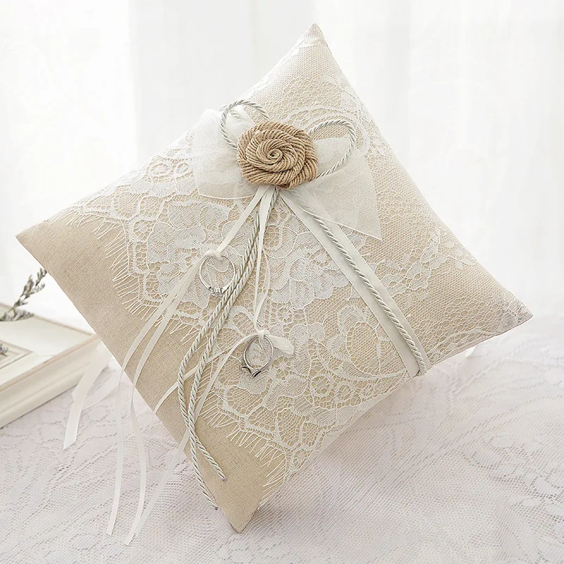 Wedding Ring Pillow Ring Holder With Eyelash Lace and Floral Ribbons Decoration Pillow for Your Special Wedding Day