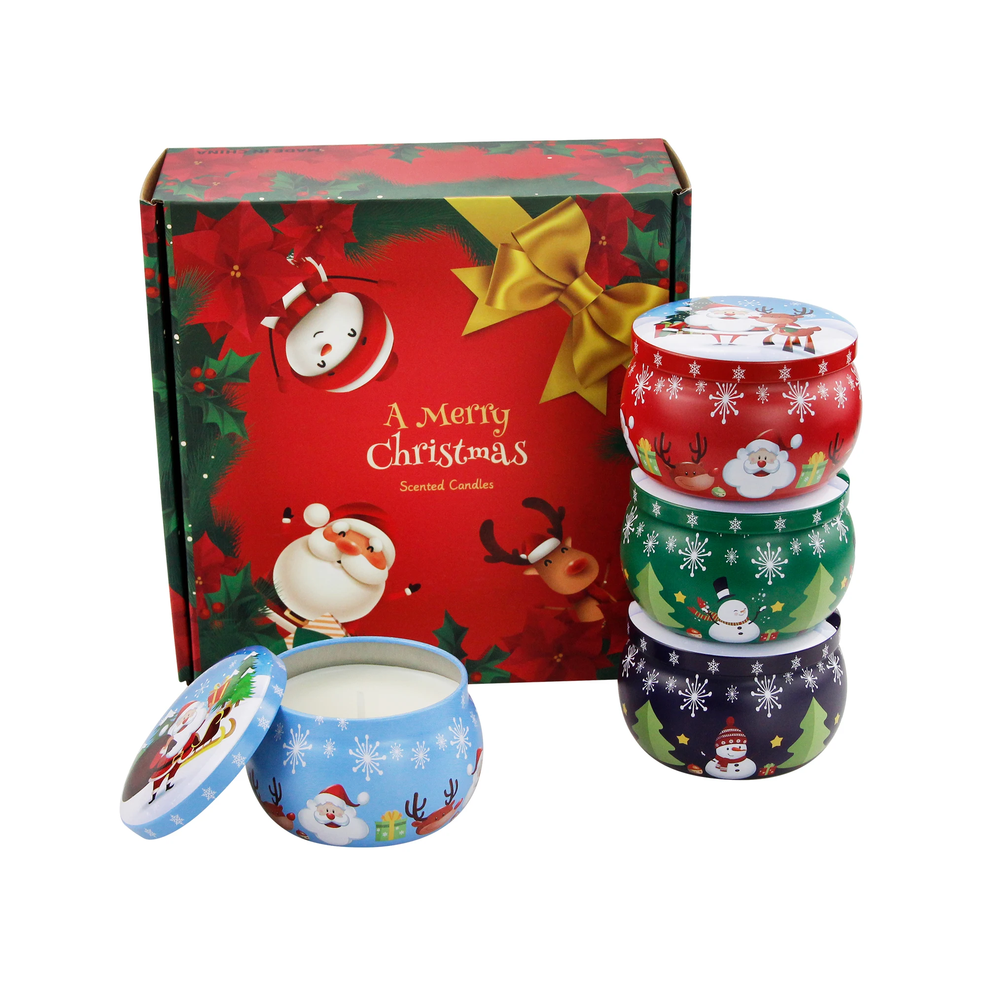 Custom Handmade Private Label essential oil Candle Luxury Christmas Tin Jar Soy Wax Scented Candles Gift Sets of 4 pack