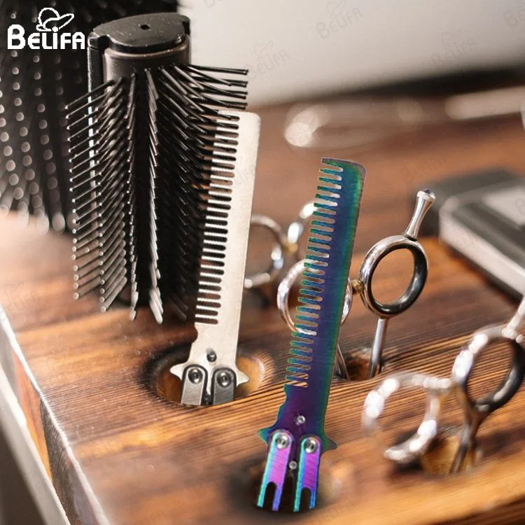 Custom Private Brand Hair Styling Tools Stainless Steel Training Practice Pocket Beard Comb Folding Butterfly Knife Comb