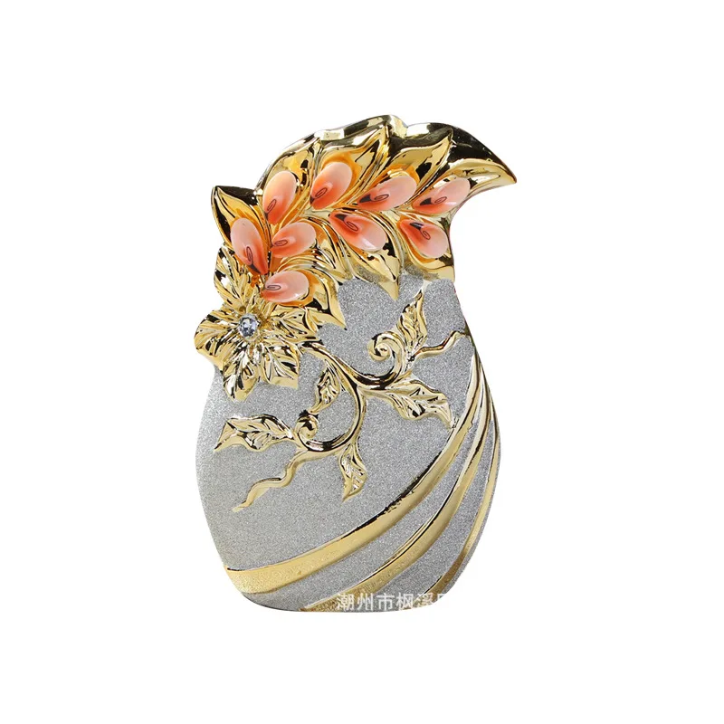 chaozhou luxury ceramic vase with metal gold flower embossed rustic flower vase for home weeding table decor