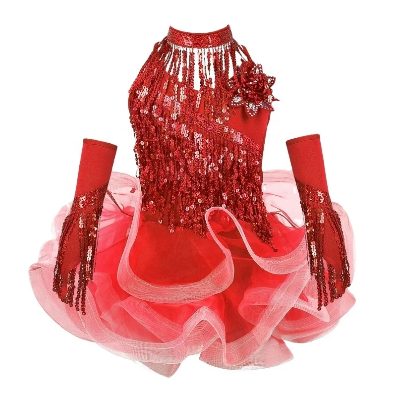 KYO Kids Girls Sparkling Sequins Tassel Sleeveless Latin Dance Dancewear Rumba Set