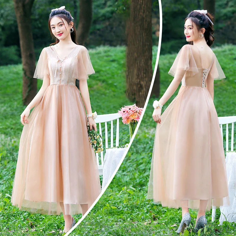 Bridesmaid Dress Women Elegant Beige Embroidery Wedding Evening Dresses Prom Formal Dresses For Girls