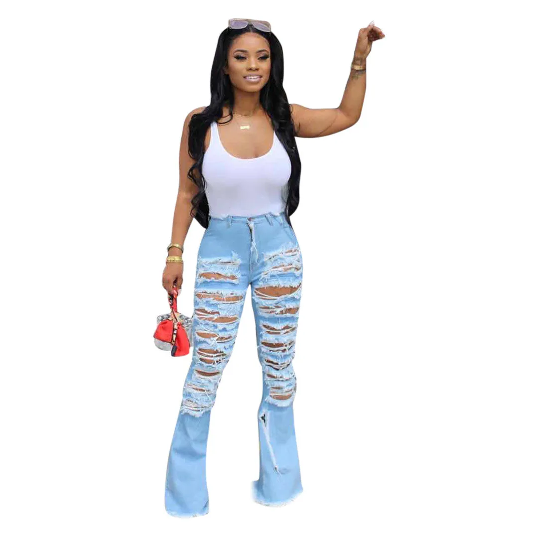 
2020 Personality Streetwear Hollow Out Trend Wide Leg Ripped Horn Bell Bottom Flared Denim Women Jeans 