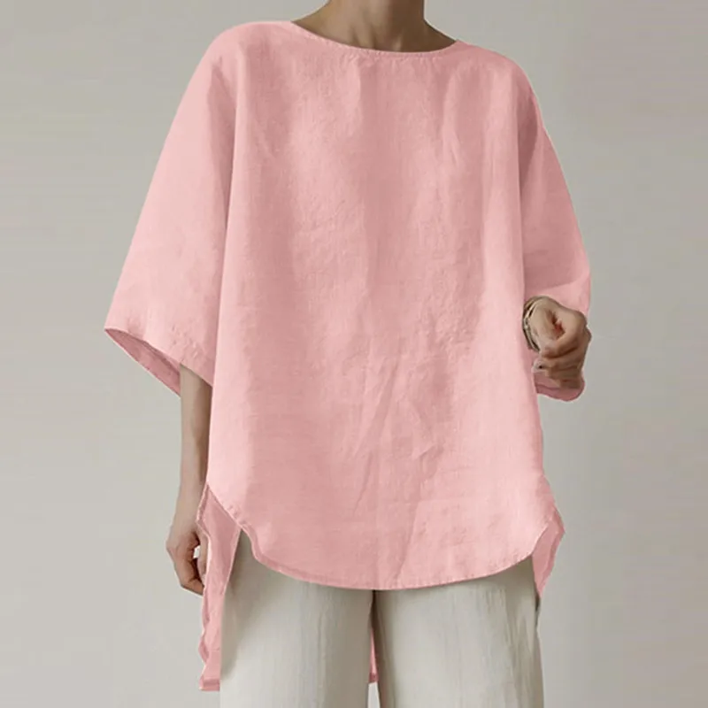 Women Round neck cotton linen casual top solid color shirt Blouse T-shirts