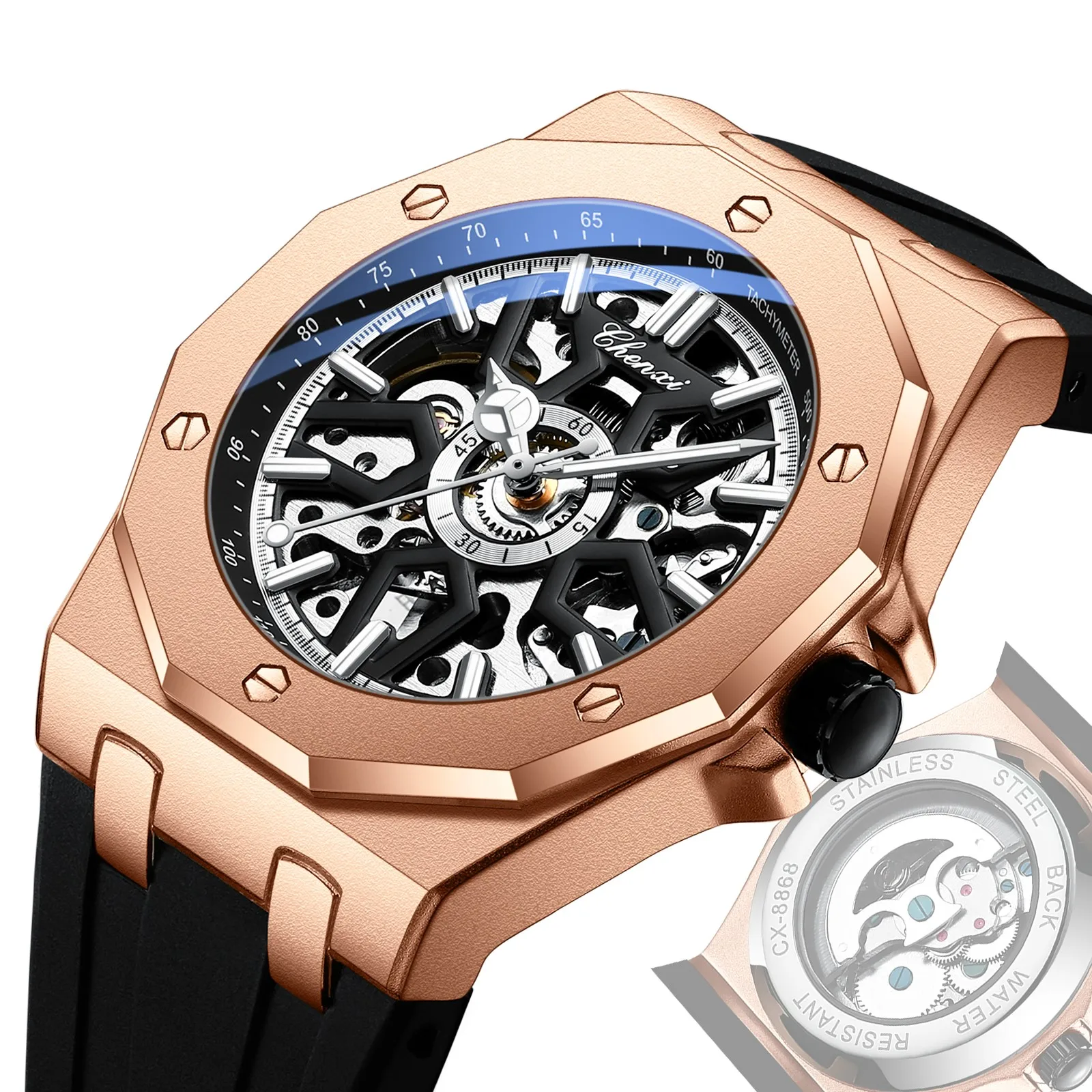 CHENXI 8868 New Hot Selling Men Mechanical Watches Waterproof Silicone Band Luminous Fully Automatic Watch Mens Rose Gold