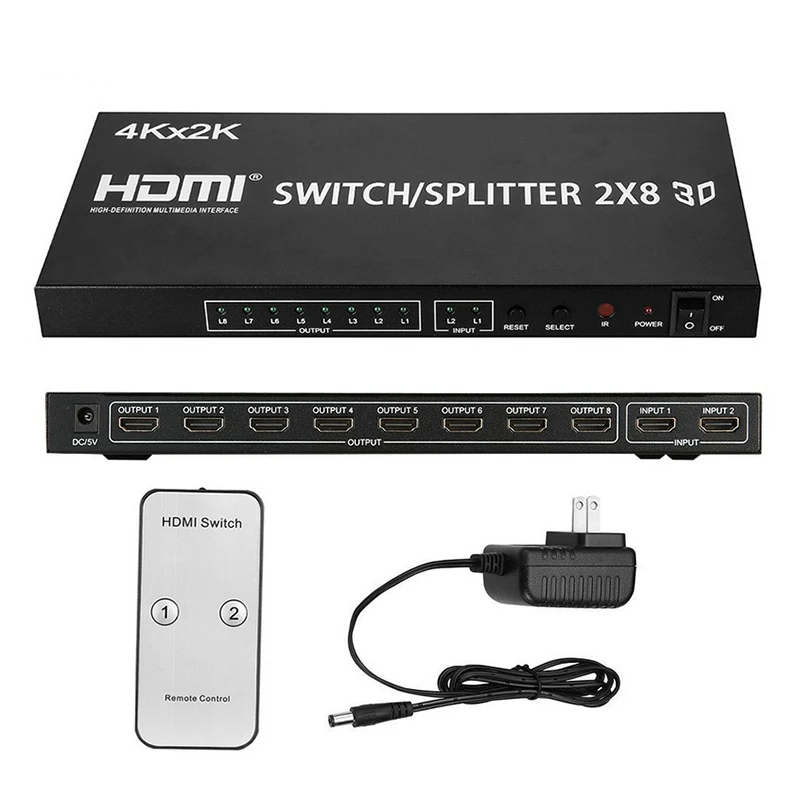 Дешевый разветвитель HDMI HD 1080P совместимый с 2x8 переключатель 2 входа 8 выходов Разветвитель в Выход 3D дистанционным