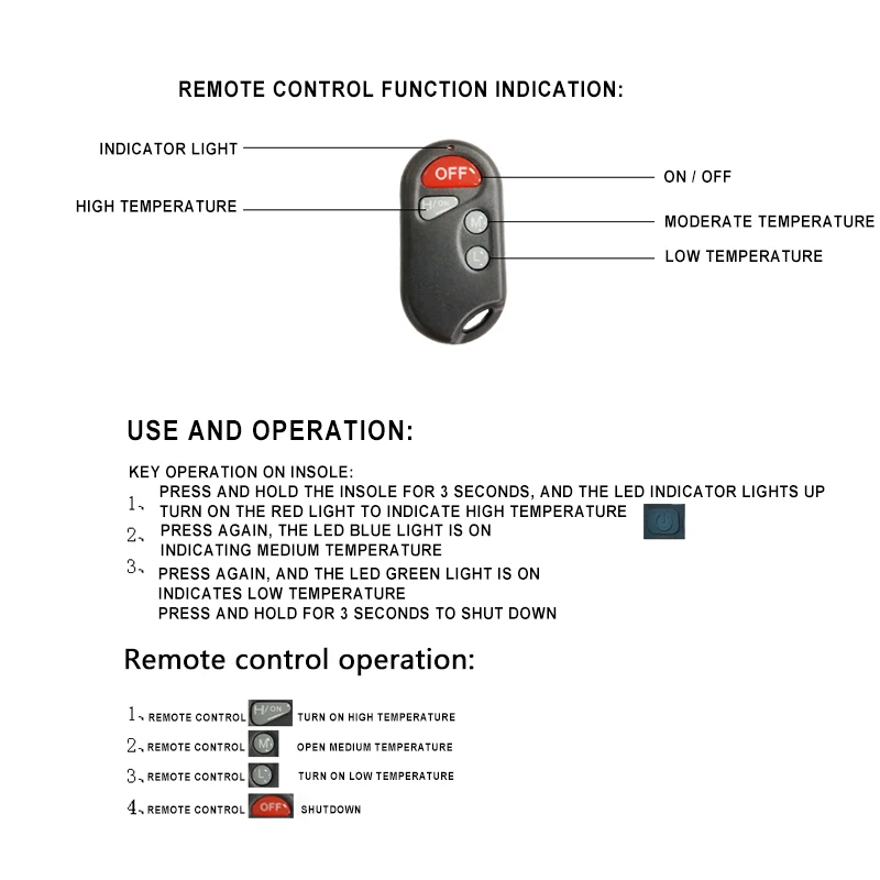 Battery 2100mah Powered Foot Winter Warmer Remote Control Heated Shoe Padding Insoles