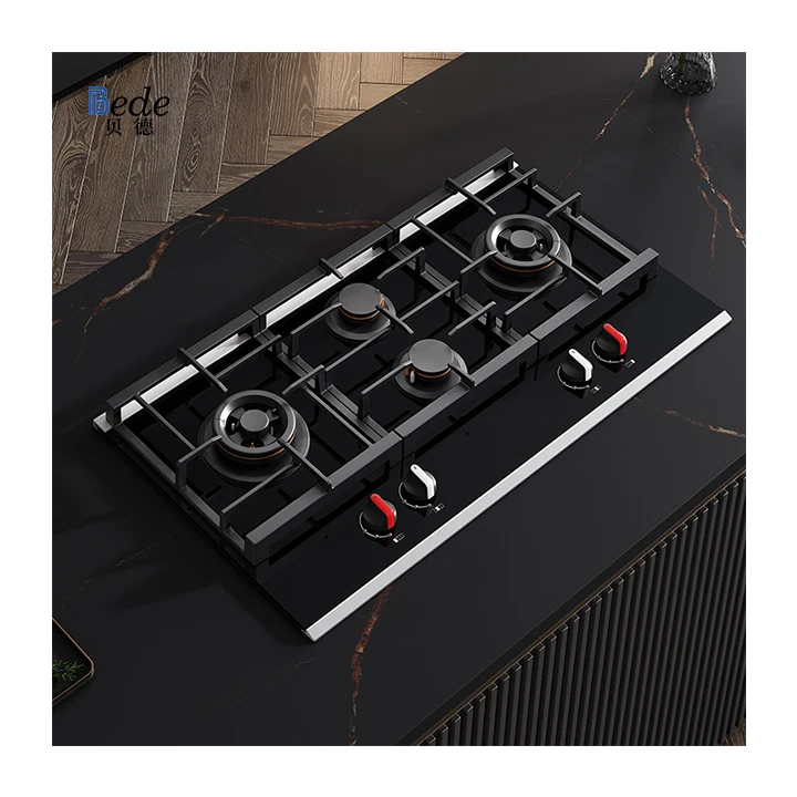 4-Burner Gas Hob Stove Household Cooktop Stainless Steel Built-in Gas Cooker Outdoor RV Garage Use USB/Battery/Solar Iron