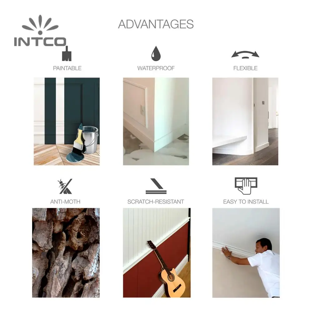 INTCO New Arrival Decorative Plastic Waterproof Flexible Trim Wall Panel White  Moulding Quick Install Chair Rail