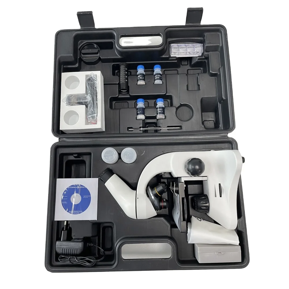 NK-T15K Education Monocular Compound LED Microscope Kits with 1.3MP Digital Camera in Black Plastic Suitcase, microscope for kid