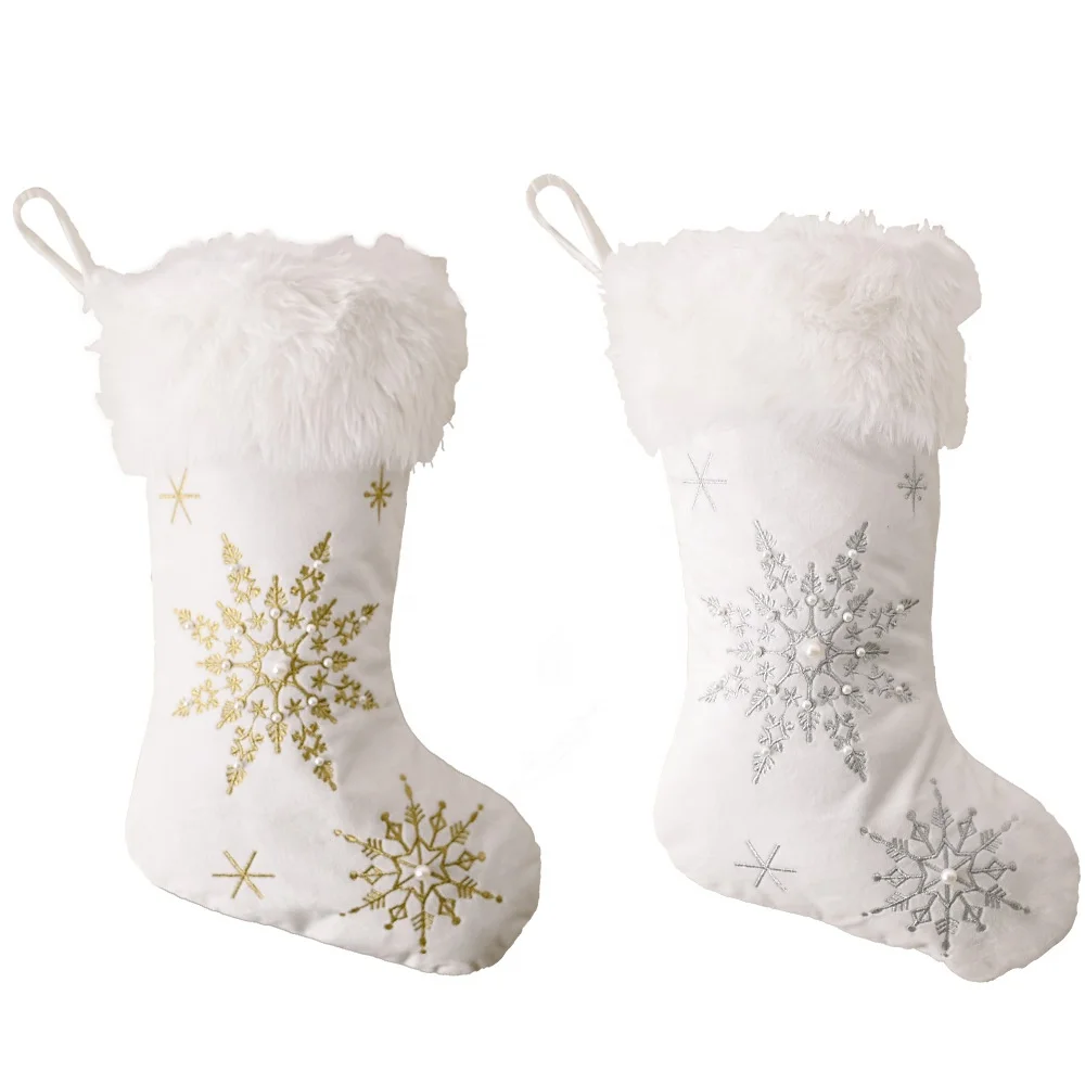 Holiday Decoration Plush Large Snowflake Xmas Stocking Gold Silver Snowflake Christmas Stockings Socks Gifts Candy Hanging Bag