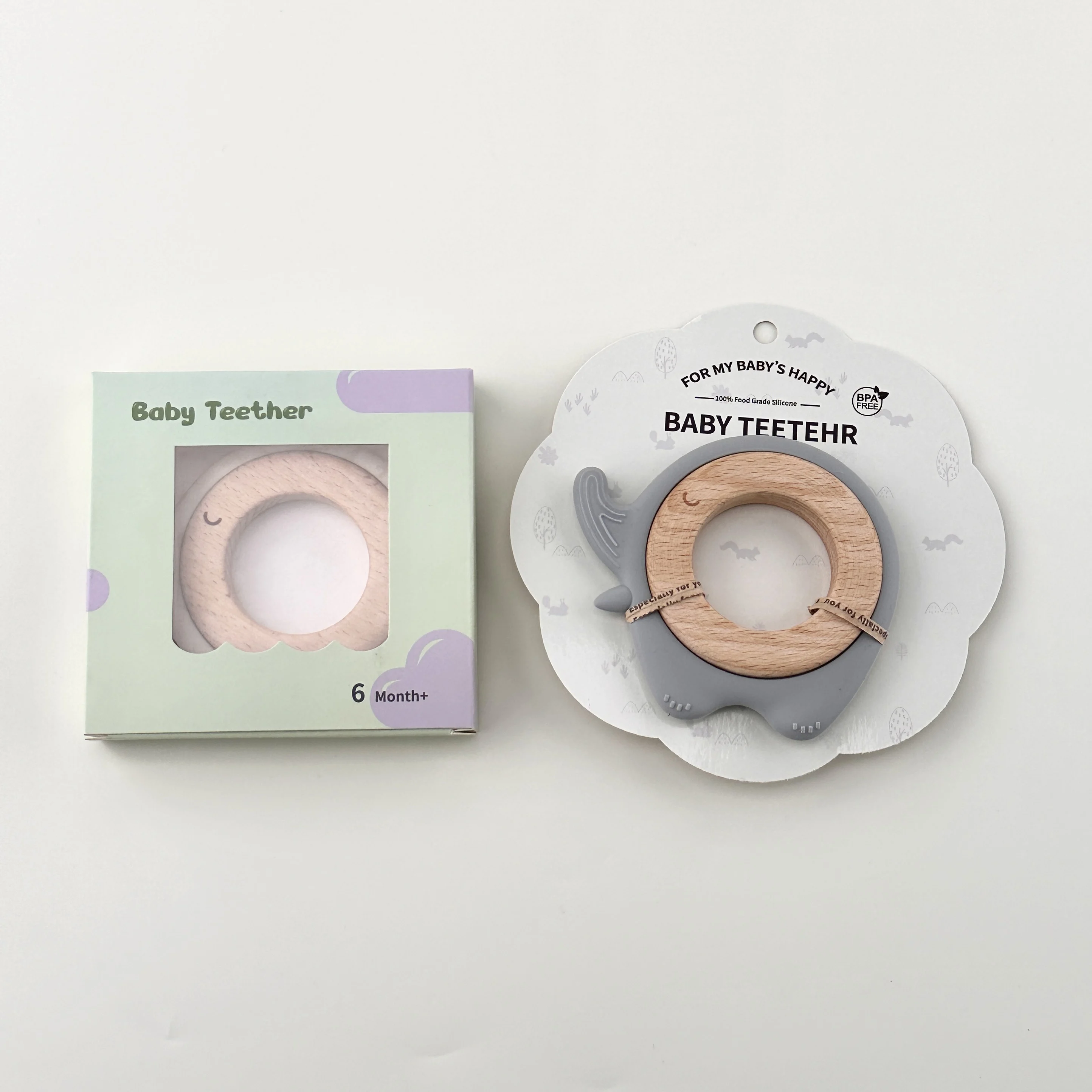 2024 CE Animal Elephant Kid Teether Wood Baby Teether Wooden Teething Ring Baby Chew Toy Silicone Teether For Baby Teething toy