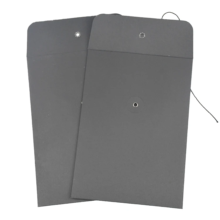 Personalized Custom Hot Stamp Logo Mailers Black Kraft Paper Packaging Envelope with String and Button