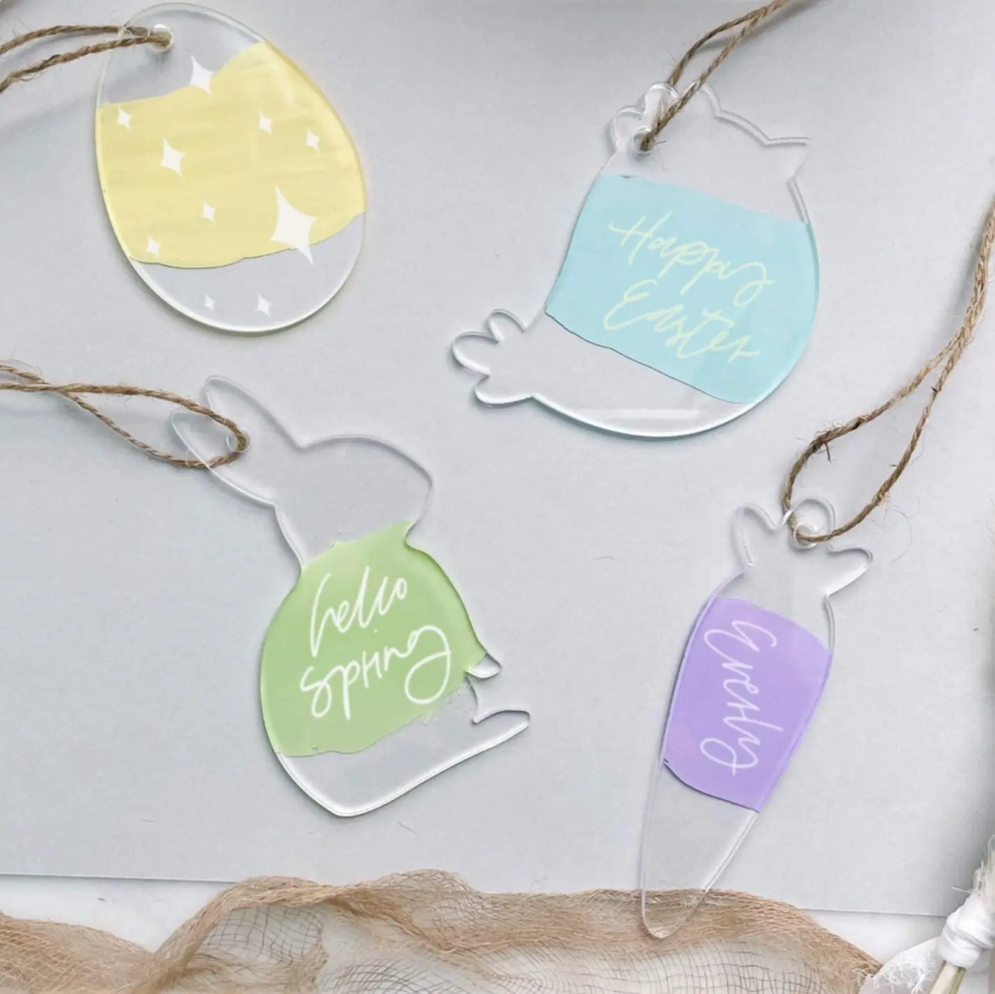 
12 Pack Clear Acrylic Gift Tag,Key Chain,Egg Bunny Carrot Bird Decorative Hanging Ornaments for Easter,Present,Party Decor 