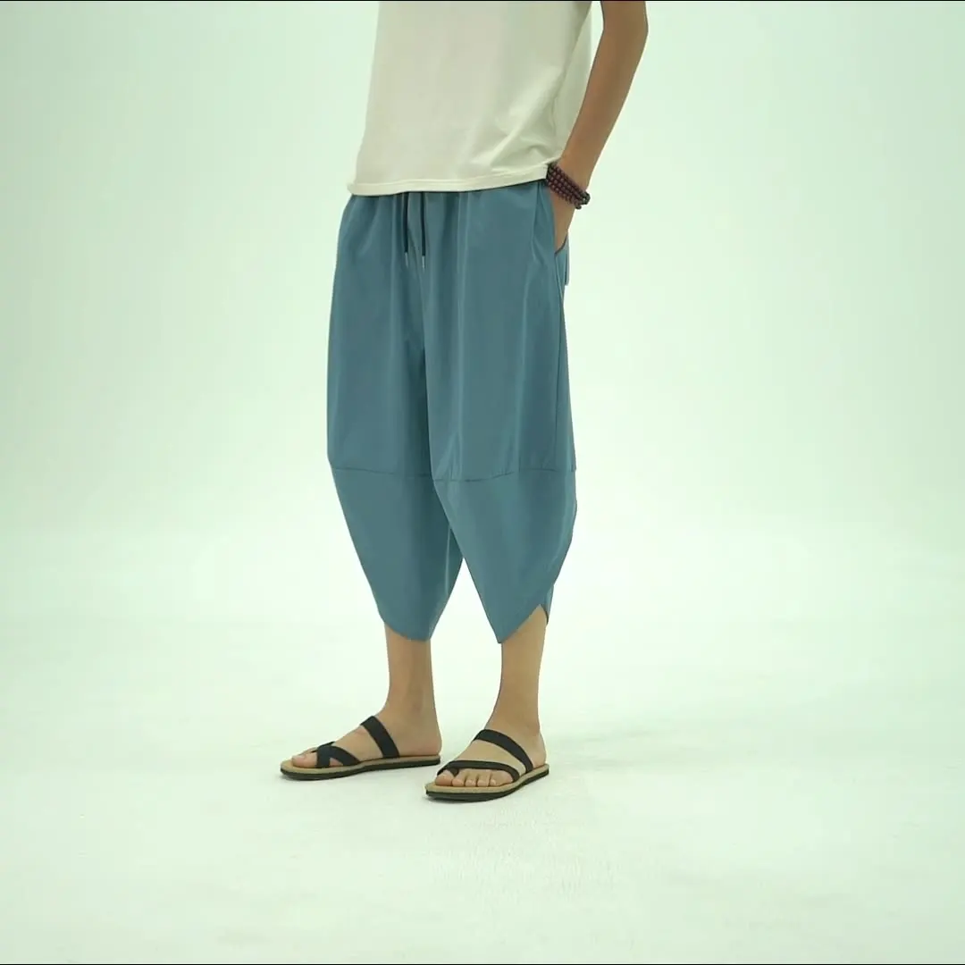 Summer new Chinese style men solid color capri pants trend wide leg pants plus size bloomers men