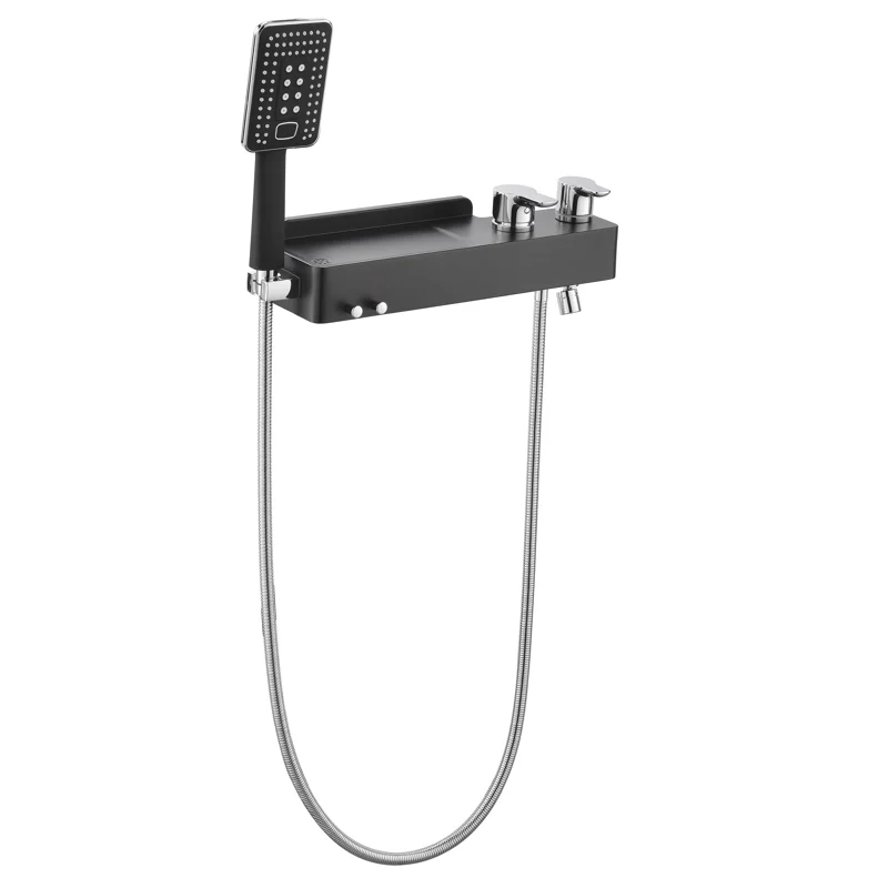 Hotel matte black shower faucet set with shelf new design apartment bathroom shower system with shampoo storage