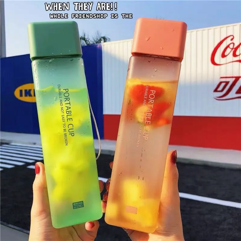 Square Frosted Plastic  Portable Transparent Bottle Fruit Juice Outdoor Sport Water  Bottle
