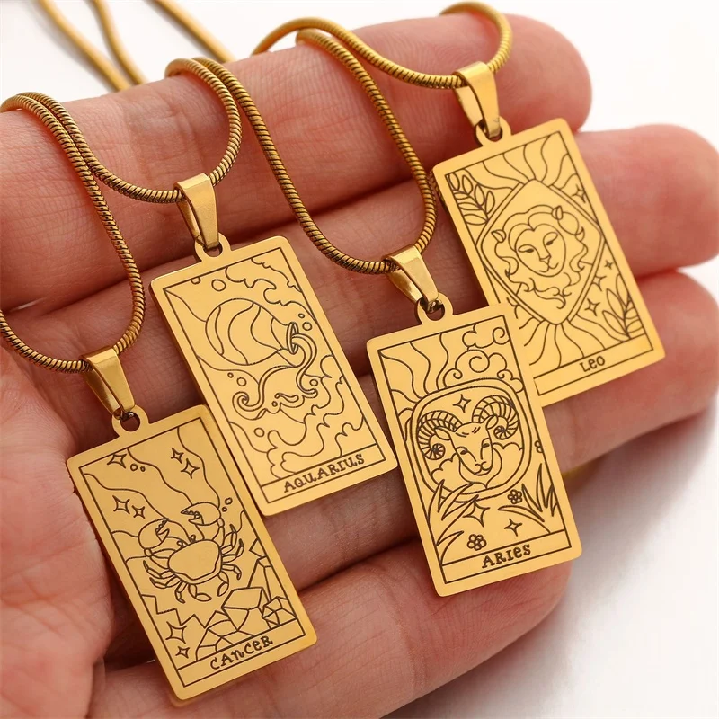 New Stainless Steel Square Pendant Zodiac Charm Necklace Waterproof 12 Horoscope Amulet Choker Necklace