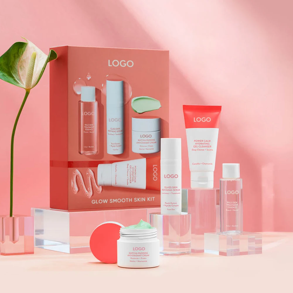 Custom Facial Calming Moisturizer Gel Cleanser Minimize Pores Face Serum Antioxidant Cream Skin Care Set Glow Smooth Skin Kit