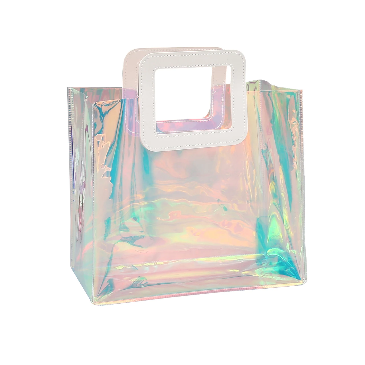 Custom Logo Stylish Iridescent PVC Tote Bag Laser Jelly Grocery Bag Transparent Holographic Shopping Bag