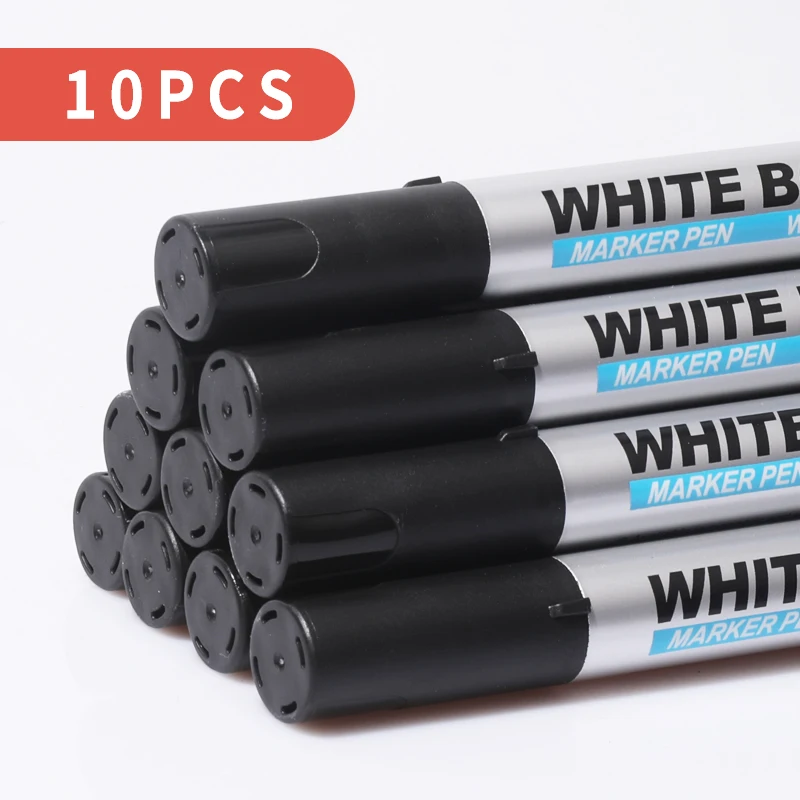 10pcs Large capacity Whiteboard Pen Markers Pen Water Marker School Supplies Plastic White Board Marker Erasable Glass Pen Black