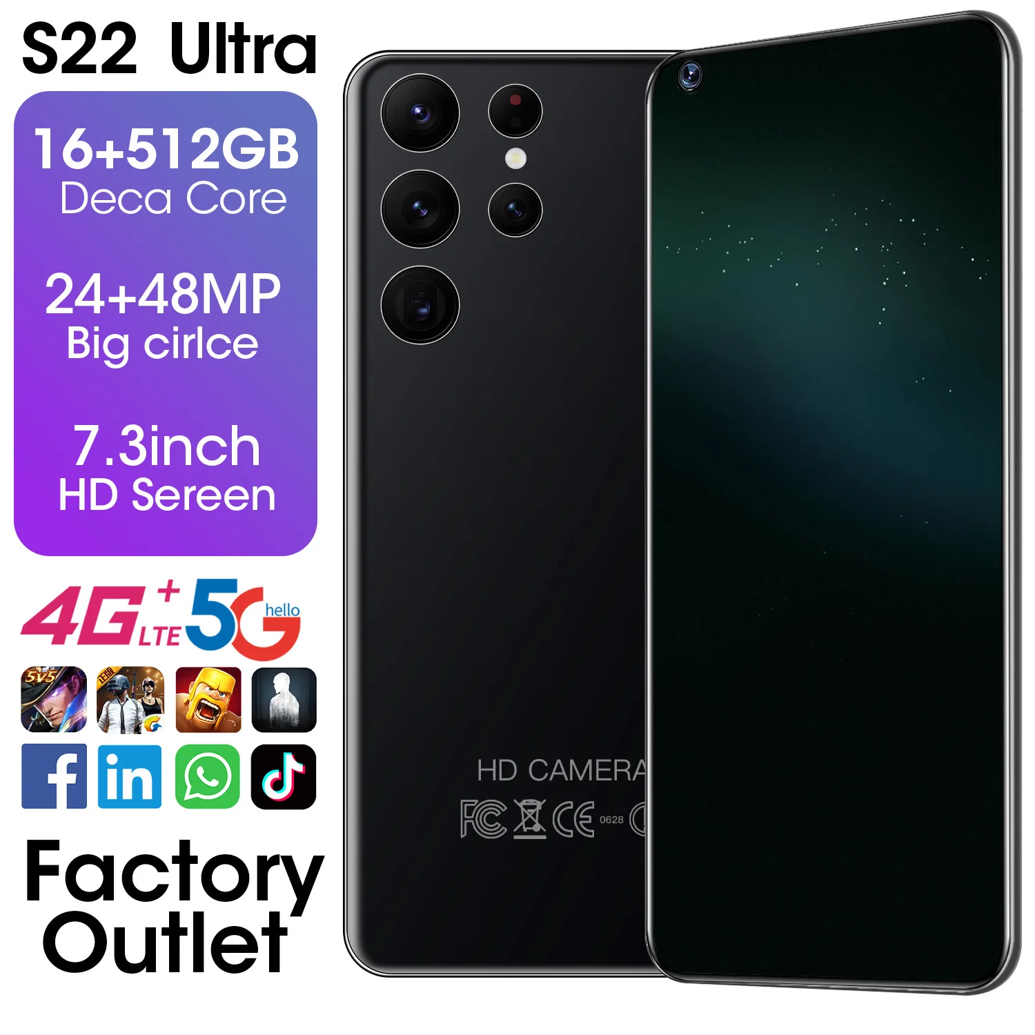 Новый разблокированный смартфон S22 Pro + 2022x1440 10 ядер 16 ГБ 3200 5G мобильный телефон с большой емкостью Android