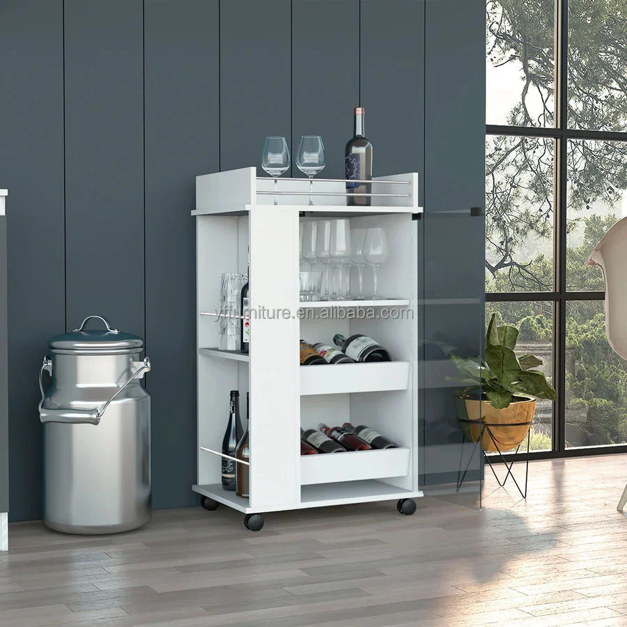 High Quality   Kitchen Pantry Bar Cart with Casters, Glass Door, 2 Inner Shelves, and 2 Side Shelves