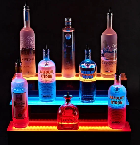 Fashion Design Custom 3 Tiers LED Lighted Acrylic Alcohol Wine Bottles Risers Display Stand Liquor Acrylic Stand Display