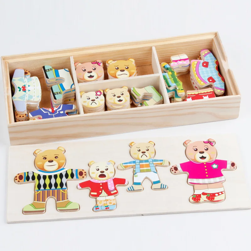 Wooden educational dress up teddy bear matching puzzle game four bears jigsaw puzzles dress up & pretend play funny toy