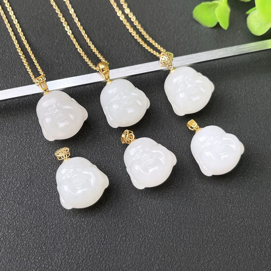 Wholesale Price Jewelry Semi-precious Stone Crafts Nephrite Buddha Natural Hetian Jade Pendant with18k Gold Clasp