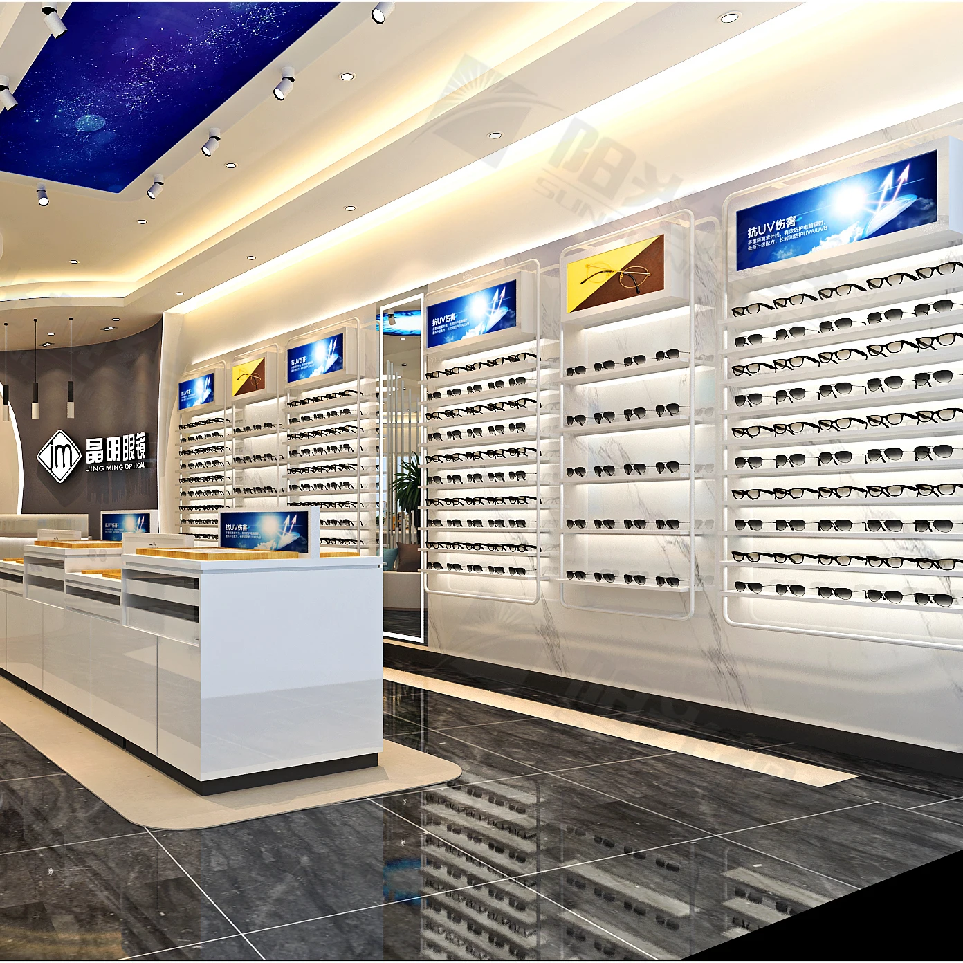 Luxury MDF optical furniture display showcase stand shop store counter sunglasses display cabinet optical shop layout desgin