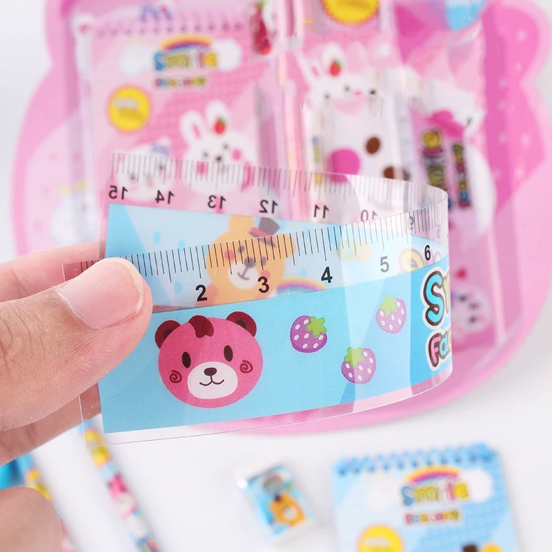 Printable Logo Gift Box Office School Supplies Cartoon Ruler Pencil Sharpener Pencil 8 Piece Stationery Set