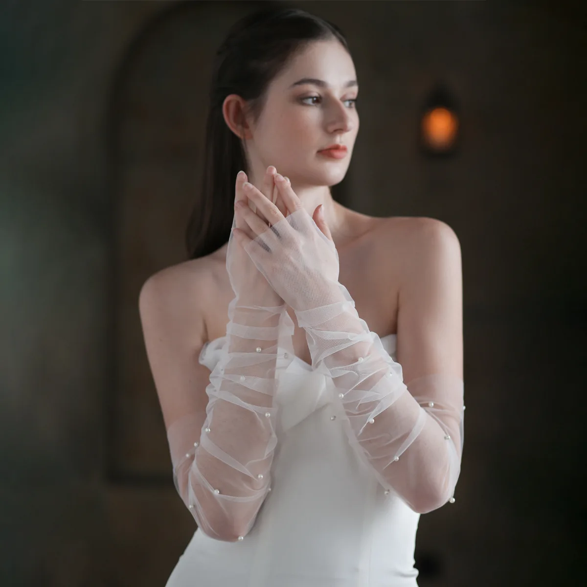 Elegant Long Pearl Gloves Fingerless Tulle Bridal Gloves For Wedding Use
