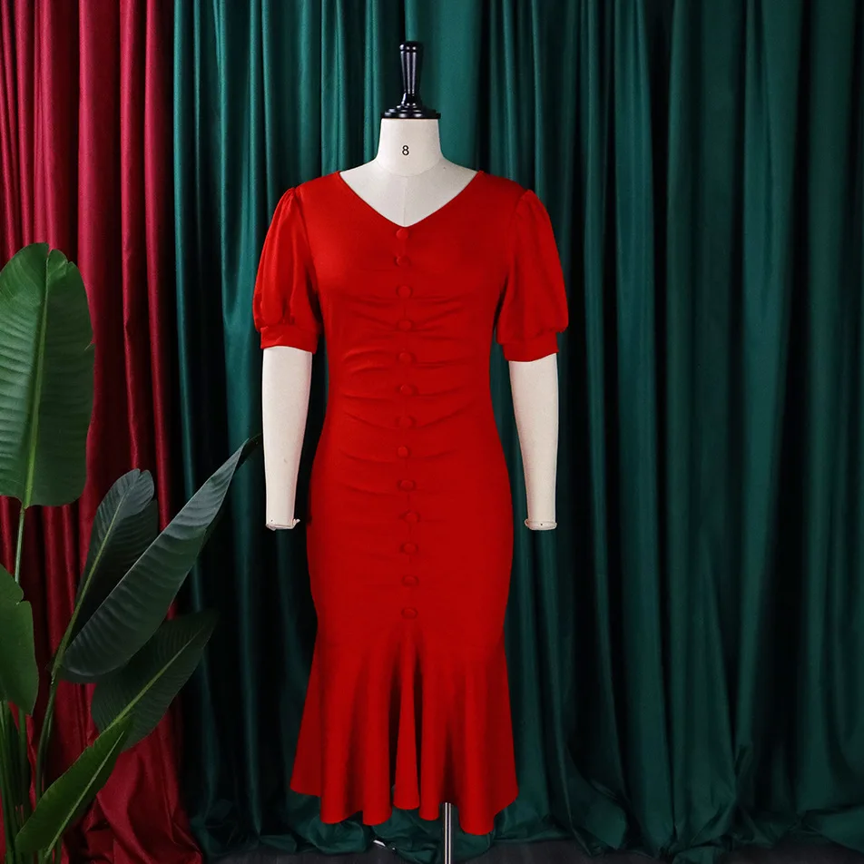 Customized New Design Women Wear Plain Color Ruffled Working Dress Green Beautiful Elegant Office Lady Pencil Career Dresses