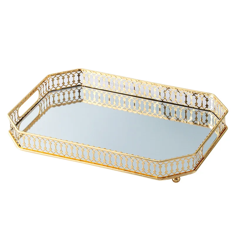 Туалетный столик для духов, домашний декор, Круглый ЮВЕЛИРНЫЙ Роскошный Золотой стеклянный акриловый металлический поднос для хранения, декоративное зеркало