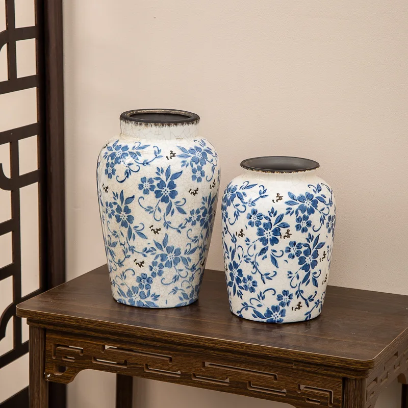 New Chinese blue white porcelain ceramic vase living room retro ice crack ornaments high-grade antique flower arrangement vase