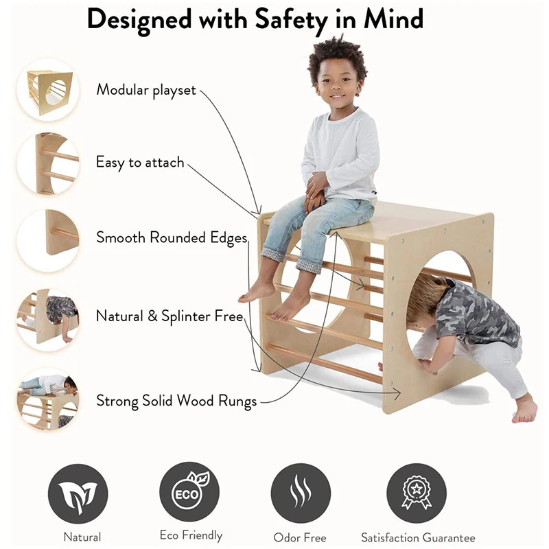 Natural Wood Montessori Ladder Climber Cube with Ramp Piklers Triangle Climbing Frame Indoor Playground