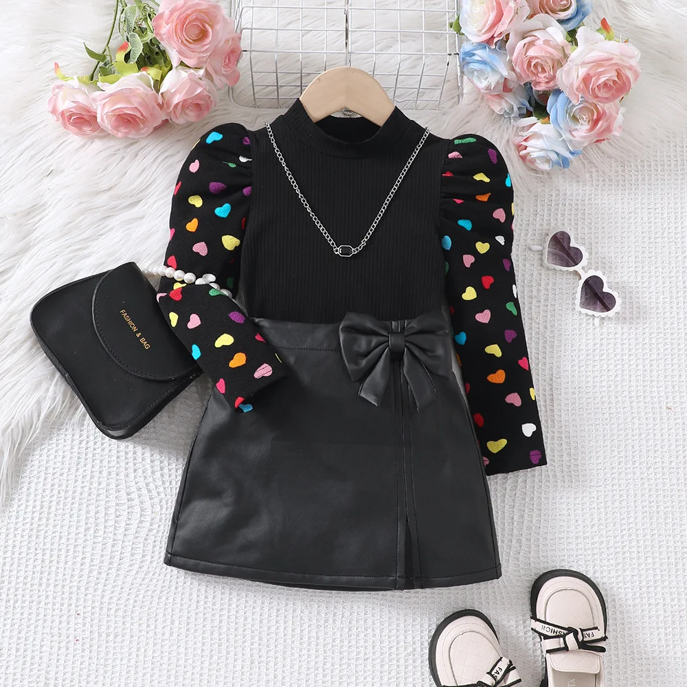 2024 Autumn Children Clothes High Neck Patchwork Butterfly Long Sleeved Knitted Sweater Short Leather Skirt Kids Clothing Girls