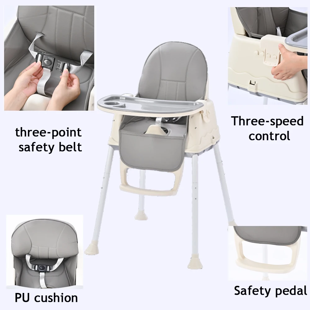 OEM Kitchen Feeding Dining Chair Height Adjustable with Detachable Tray Safety Belt Soft Cotton 4 in 1 Baby feeding High Chair