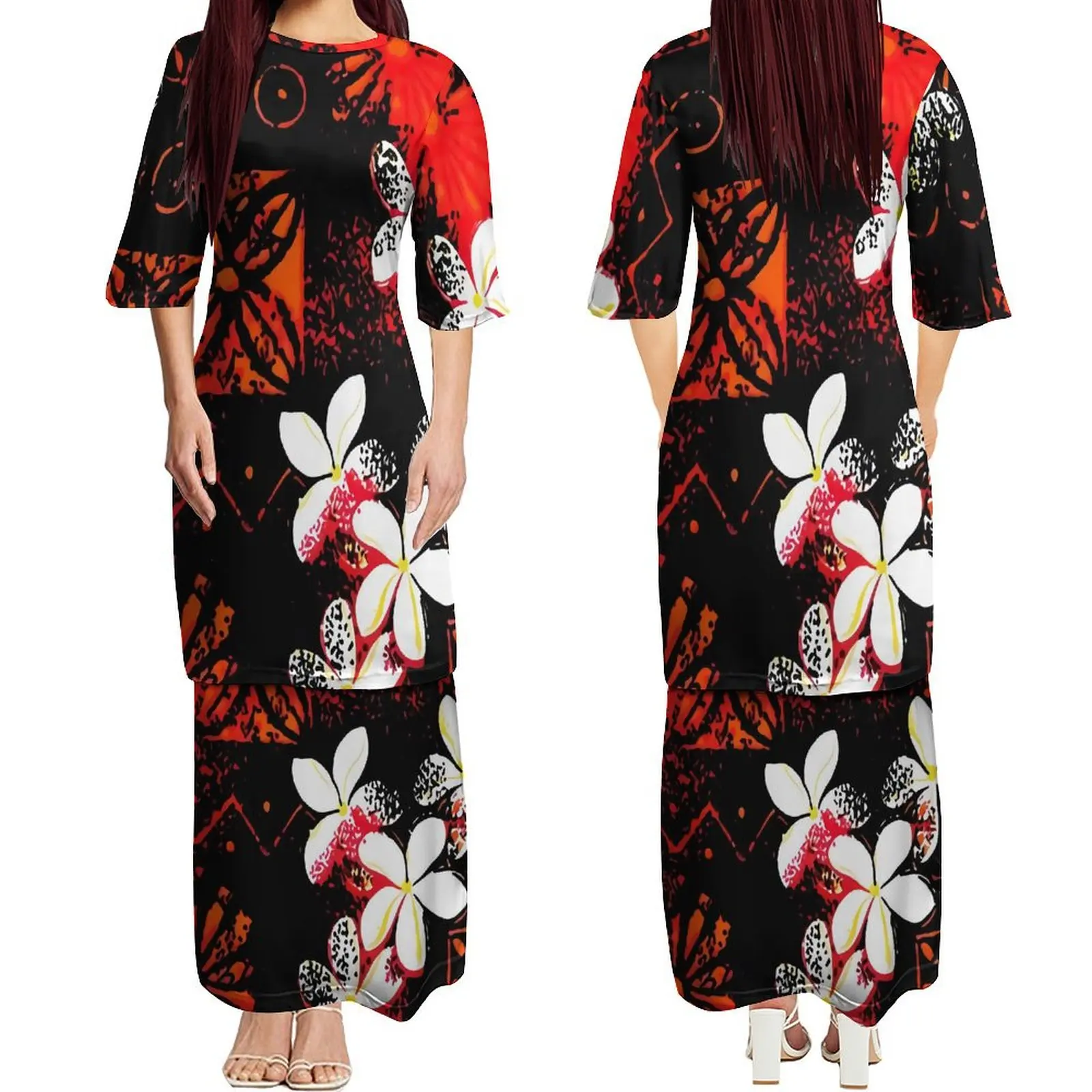 Drop Shipping Polynesian Round Neck Samoa Puletasi Ptaha Puletaha Samoan Dress Plus Size Long Maxi Two Piece Skirt Set Dresses