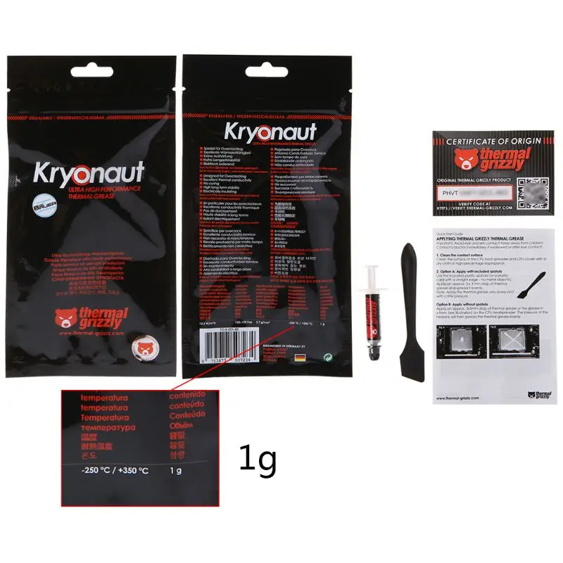 Thermal Grizzly Kryonaut 1g соединения охлаждения термопаста кулер Для ЦП AMD Intel теплоотвод