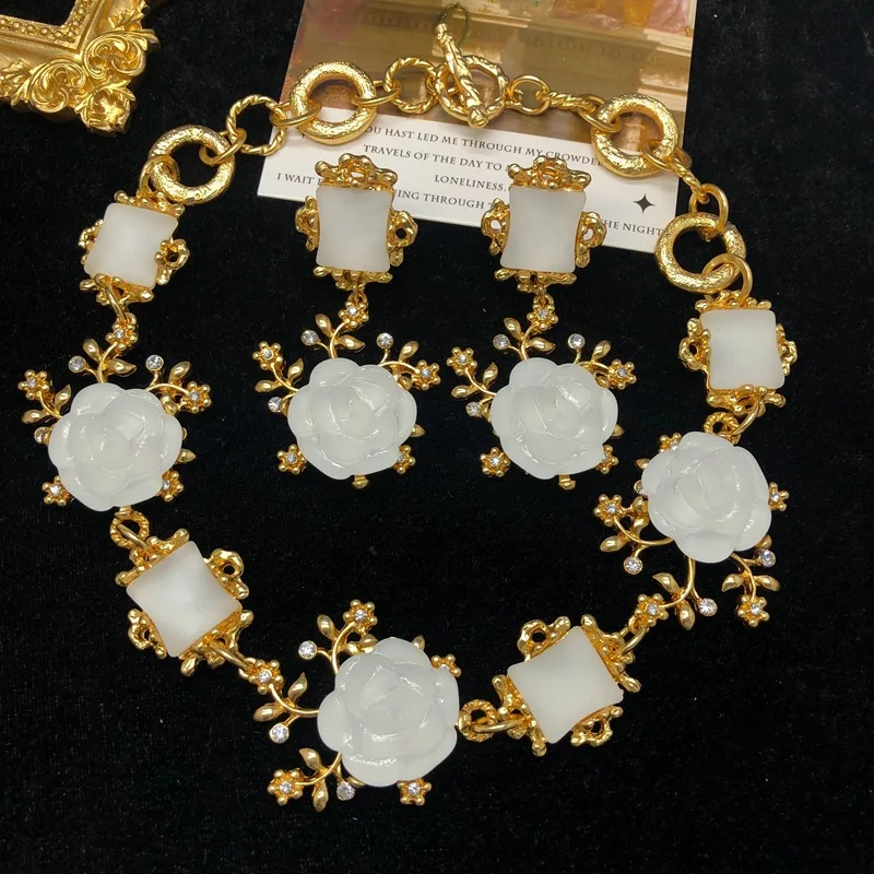 Party dresses jewelry accessories vintage earrings diamond white rose gemstone gold plating dainty necklace